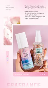 Détail des flacons de spray parfumé ADMD longue durée sur fond floral romantique