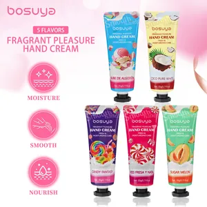 Set of five Bosuya fragrant pleasure hand creams with candy-themed designs and scents