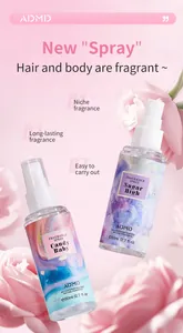 Détail des sprays parfumés ADMD Candy Baby et Sugar High avec des roses roses