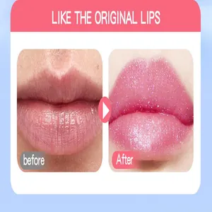 Detail showing before and after effect of glitter moisturizing lip oil on pink lips