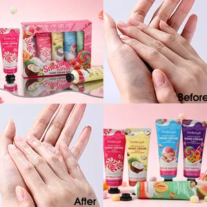 Detail view of Bosuya candy-themed 5-pack hand cream set showing usage results