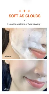 Detalle de primer plano de la espuma limpiadora facial con vitamina C antes y después.