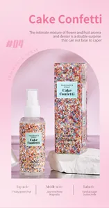 Vue détaillée du spray parfumé Cake Confetti et emballage avec notes de tête et de fond.