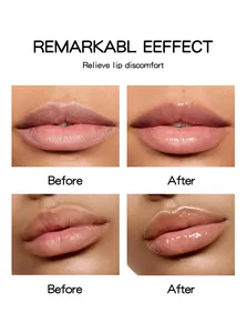 Before and after comparison showing hydrating lip balm and lip oil effects on dry lips.