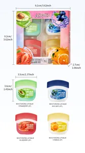 Dimensiones detalladas del set de mascarillas labiales de frutas 4 en 1 de ADMD