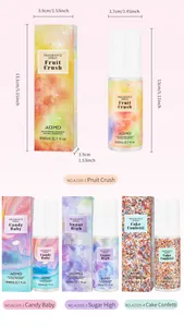 Vue détaillée des flacons de spray parfumé ADMD avec dimensions et variantes.