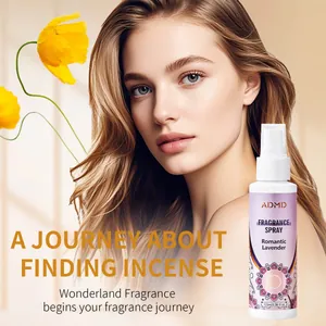 Long-lasting ADMD Romantic Lavender Fragrance Spray for hair and body with floral background.