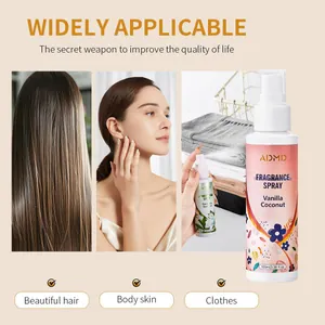 Long-lasting ADMD fragrance spray for hair, body, and clothes with vanilla coconut scent.