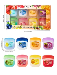 Detailansicht des 8-teiligen ADMD Lippenbalsam-Sets mit Maßen und Geschmacksrichtungen