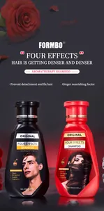 Dettaglio professionale dei flaconi di shampoo aromaterapico FORMBO 2-in-1 per capelli