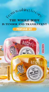 Detailed view of FORMBO 3-in-1 perfume and body care set in clear pouches