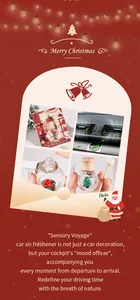 Detalle del ambientador de coche de Navidad con botella, empaque y ventilación.