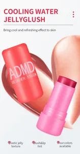 Cooling water jelly blush stick for lips and cheeks in vibrant pink and coral shades.