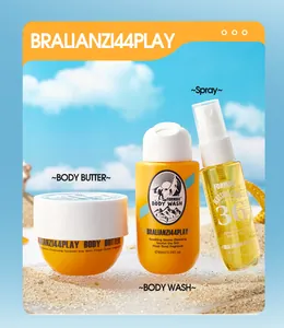 FORMBO 3-in-1 skincare set with body butter, body wash, and spray on beach sand
