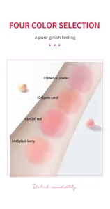 Close-up detail showing four jelly blush stick swatches on skin in pink and coral shades