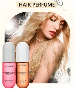 Dettaglio dei flaconi di profumo per capelli ADMD con modella bionda elegante.