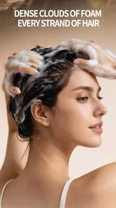 Woman washing dark hair with dense clouds of white foam for deep cleaning care