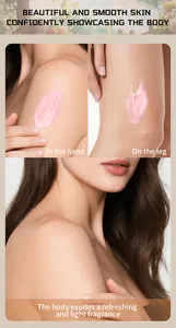 Detailansicht der glatten rosa Frucht-Körperlotion auf der Haut für viel Feuchtigkeit