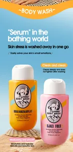 Two bottles of FORMBO perfume body wash in orange and pink on a sunny beach setting