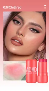 Detail view of ADMD blusher stick in 03 Chill red with makeup swatch and model