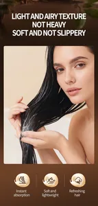 Close-up of lightweight hair mask cream applied to long dark hair for deep nourishment