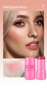 Detail of ADMD blusher stick in 04# Splash berry with model makeup effect and swatch