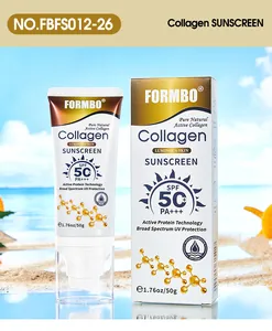 Vue détaillée du tube et de l'emballage de la crème solaire FORMBO au collagène SPF 50+.