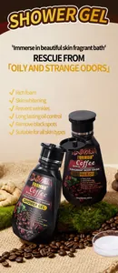 Detailed view of FORMBO Coffee Fragrant Body Wash bottles and coffee bean props