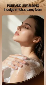 Model applying rich coffee body wash foam during a refreshing deep cleansing bath
