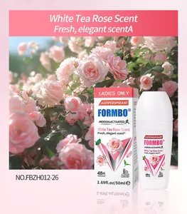Detailed view of FORMBO 50ml White Tea Rose scented antiperspirant bottle and box