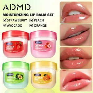 Detailed view of ADMD fruit flavored moisturizing lip balm set with application effect