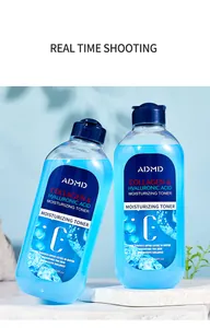 Close-up detail of ADMD collagen and hyaluronic acid moisturizing toner bottles on stone