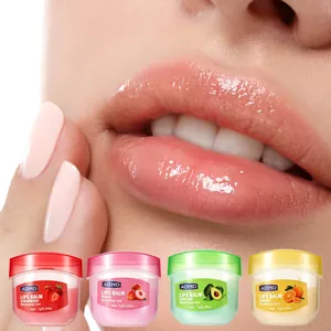 Macro detail of glossy lips with four fruit-flavored ADMD moisturizing lip balms