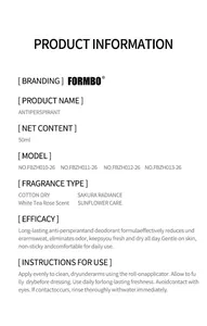 Comprehensive product information sheet for FORMBO antiperspirant including usage instructions.