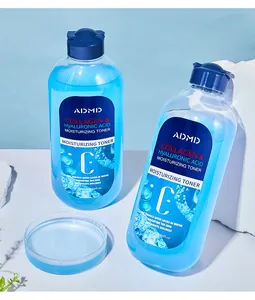 Close-up detail of ADMD collagen and hyaluronic acid moisturizing toner in blue bottles
