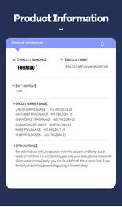Fiche technique du désodorisant de voiture FORMBO avec des options de parfum floral