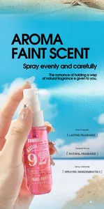 Detailed view of FORMBO pink perfume mist spray held in hand against beach background