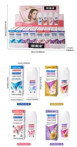 Close-up of four scent varieties of roll-on antiperspirant with packaging dimensions