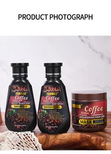 Close-up of FORMBO coffee Arabica shampoo shower gel and hair mask set on wood