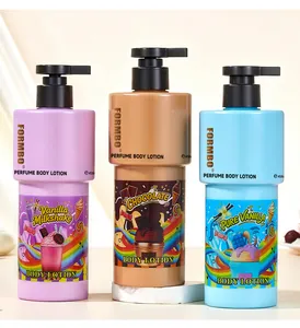 Detailansicht von drei bunten FORMBO Parfüm-Körperlotionen im Candy-Stil mit Pumpe