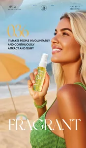 Close-up of FORMBO Blossom Candy fragrance spray held by a model on a sunny beach
