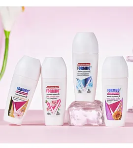 Close-up of four FORMBO antiperspirant roll-ons in various floral and clean scents.