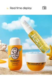 Detail view of FORMBO perfume body wash and lotion set presented on a sunny beach background