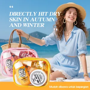 FORMBO 3-in-1 perfume travel set with body wash, lotion, and hair mist on beach