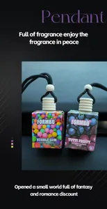 Gros plan sur les pendentifs désodorisants pour voiture FORMBO 8ml, parfums Bubble Gum