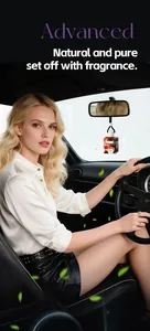 Flacon désodorisant de voiture FORMBO suspendu dans l'habitacle avec conductrice chic