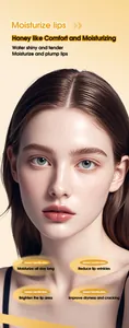 Close-up of model with glossy lips showing the moisturizing effect of honey lip balm.