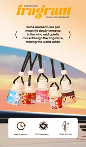 Detailed view of FORMBO hanging car air freshener glass bottles against a sunset background