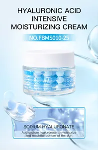Close-up of FORMBO Hyaluronic Acid Cream with blue moisturizing beads and gel texture.