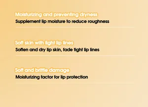 English feature descriptions for a moisturizing lip balm on a yellow background